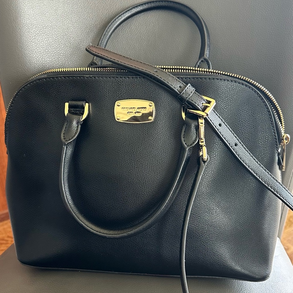 MICHAEL Michael Kors Black Pebble Leather Dome Satchel with Gold Hardware